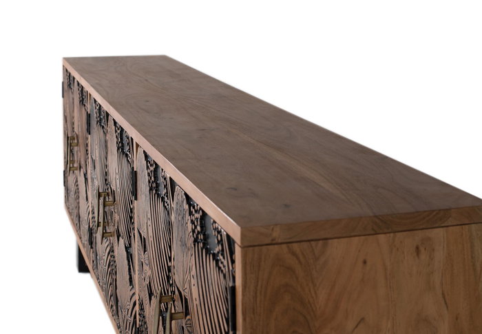 GINER Y COLOMER Buffet 6 portes en bois massif d'acacia couleur naturel et noir avec pattes métal - 220 x 74 x 42 cm