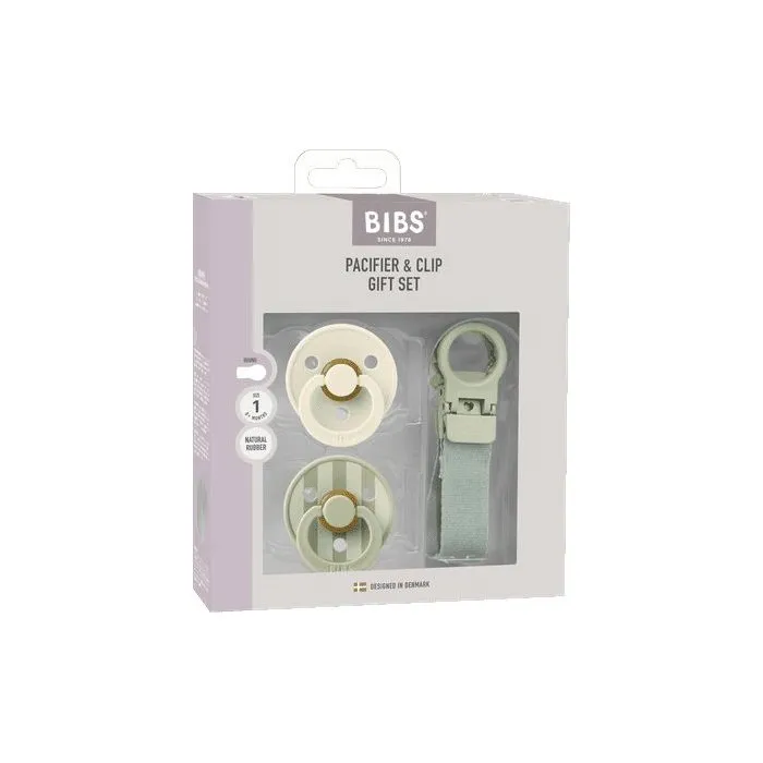Bibs Coffret cadeau bébé - Sucette & attache - Embout rond - T1 - Sage Bibs Coffret cadeau bébé - Sucette & attache - Embout rond - T1 - Sage
