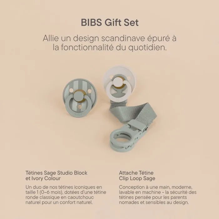 Bibs Coffret cadeau bébé - Sucette & attache - Embout rond - T1 - Sage Bibs Coffret cadeau bébé - Sucette & attache - Embout rond - T1 - Sage