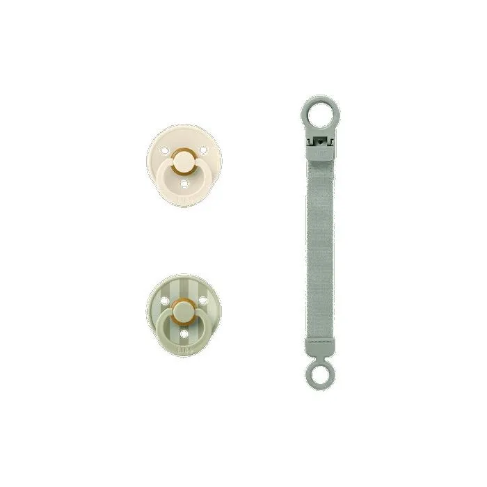 Bibs Coffret cadeau bébé - Sucette & attache - Embout rond - T1 - Sage Bibs Coffret cadeau bébé - Sucette & attache - Embout rond - T1 - Sage