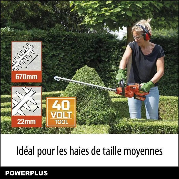 Powerplus Taille-haie sans fil Dual Power 40 V - POWDPG7536 - Lame de 670 mm, coupe jusqu'à 22 mm, poignée rotative, compatible plateforme batterie 2x20 V