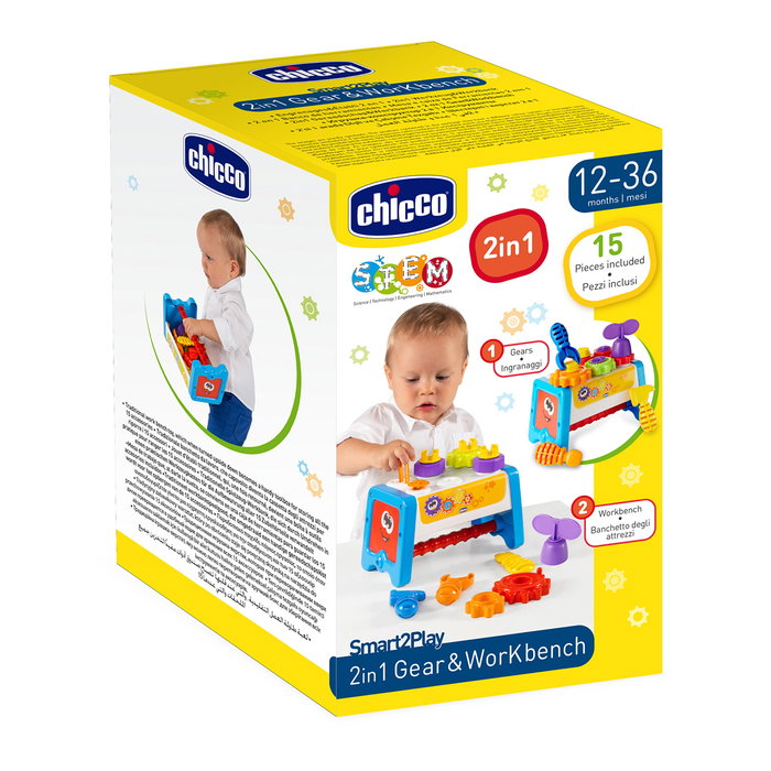Chicco 2-en-1 Établi École d'Outils, Jeu de Construction 15 Pièces avec Engrenages, Langue Espagnole, dès 12 Mois