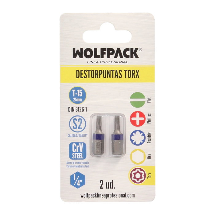 WOLFPACK LINEA PROFESIONAL Jeu de 2 embouts Torx T-15 S2