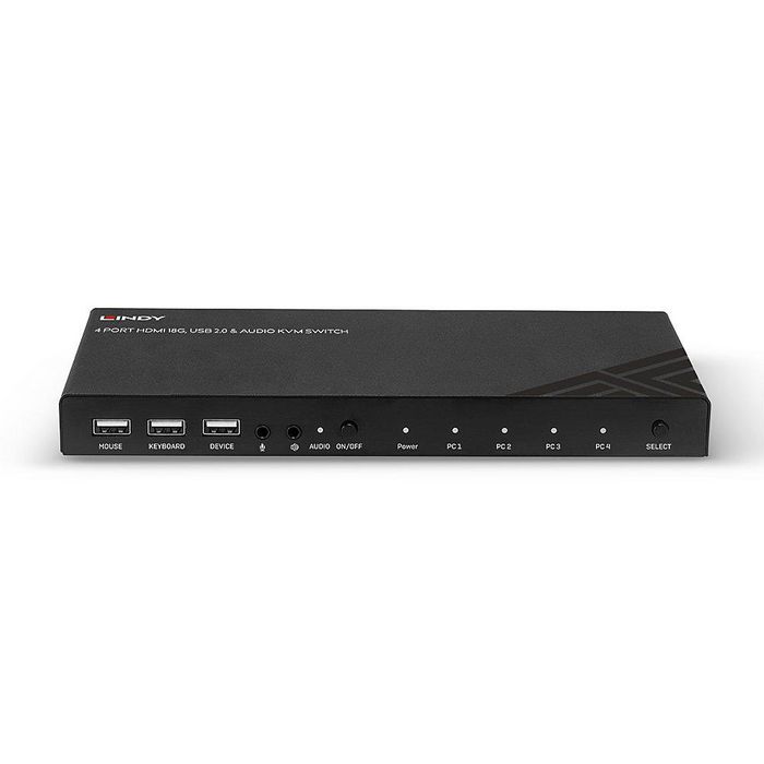 Lindy Commutateur KVM HDMI 4 Ports 4K60 Hz avec USB 2.0, Audio et HDR - Contrôle 4 PC depuis un clavier, une souris et un écran Lindy Commutateur KVM HDMI 4 Ports 4K60 Hz avec USB 2.0, Audio et HDR - Contrôle 4 PC depuis un clavier, une souris et un écran