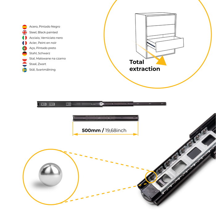 Emuca Lot de 5 jeux de Coulisses pour tiroirs, roulement à billes, hauteur 45mm, profondeur 500mm, sortie totale, Noir Emuca Lot de 5 jeux de Coulisses pour tiroirs, roulement à billes, hauteur 45mm, profondeur 500mm, sortie totale, Noir