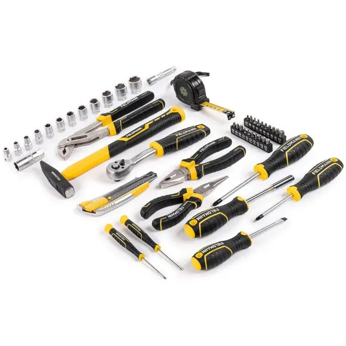 Fieldmann FDG 5023-47R - Jeu de clés à douille de 47 pièces avec cliquet 3/8, douilles, marteau, mètre ruban, cutter et pinces, mallette en plastique dur