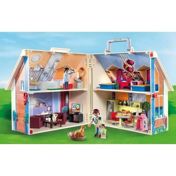 Playmobil 70985 - Maison Transportable Bleue avec 3 Personnages, Salle de Bain, Chambre, Salon et Cuisine - Accessoires Inclus - Maison de Poupée Traditionnelle