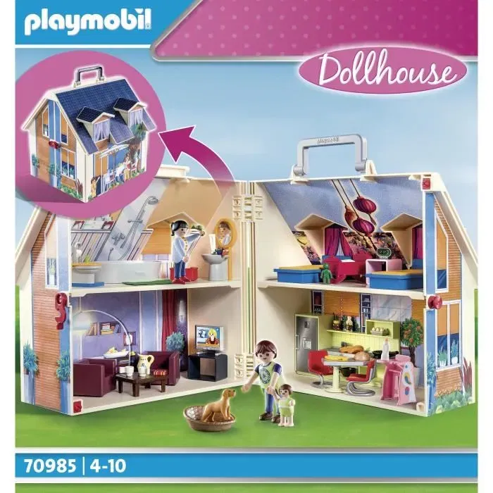 Playmobil 70985 - Maison Transportable Bleue avec 3 Personnages, Salle de Bain, Chambre, Salon et Cuisine - Accessoires Inclus - Maison de Poupée Traditionnelle