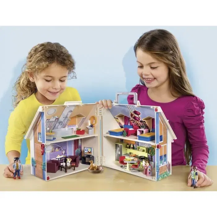 Playmobil 70985 - Maison Transportable Bleue avec 3 Personnages, Salle de Bain, Chambre, Salon et Cuisine - Accessoires Inclus - Maison de Poupée Traditionnelle