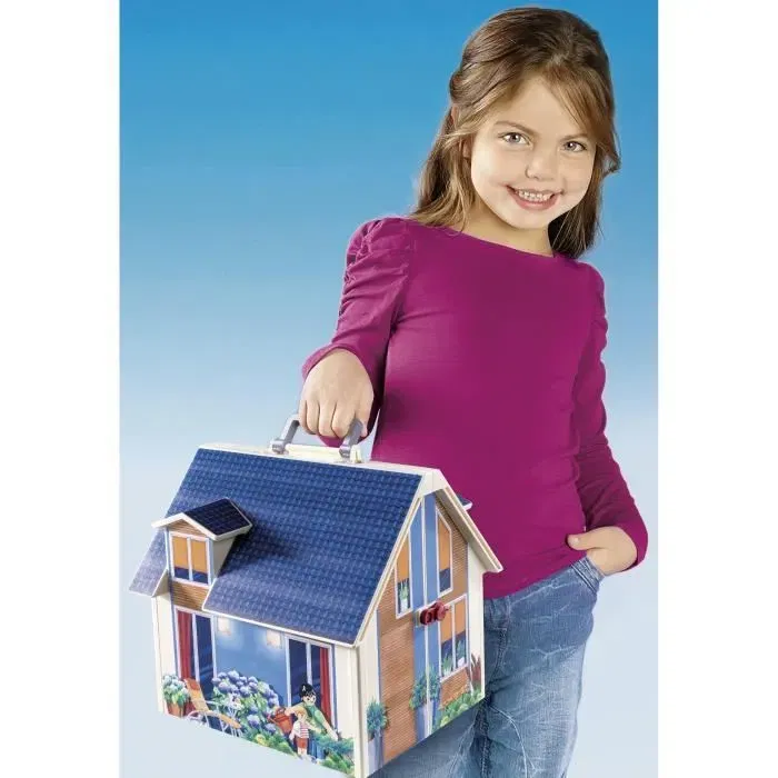 Playmobil 70985 - Maison Transportable Bleue avec 3 Personnages, Salle de Bain, Chambre, Salon et Cuisine - Accessoires Inclus - Maison de Poupée Traditionnelle