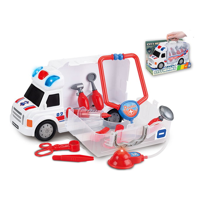 TACHAN Camion Ambulance avec Mallette Médicale et 9 Instruments – Jouet avec Lumières et Sons – Multilingue – 34 cm TACHAN Camion Ambulance avec Mallette Médicale et 9 Instruments – Jouet avec Lumières et Sons – Multilingue – 34 cm