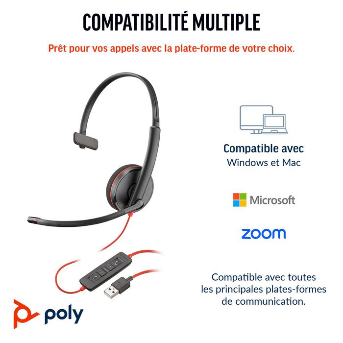 Poly Blackwire 3210 - Micro-casque monaural professionnel avec connecteur USB-C, contrôleurs en ligne et bandeau en métal léger