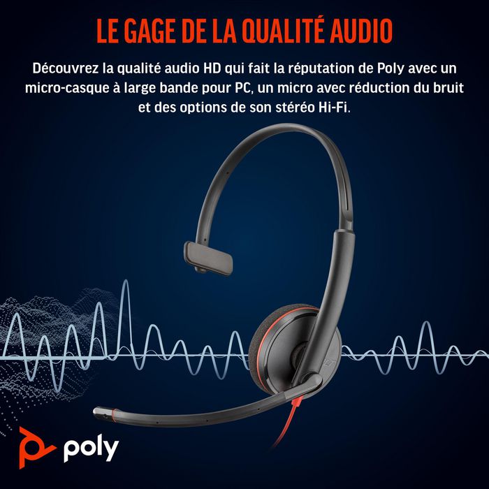 Poly Blackwire 3210 - Micro-casque monaural professionnel avec connecteur USB-C, contrôleurs en ligne et bandeau en métal léger