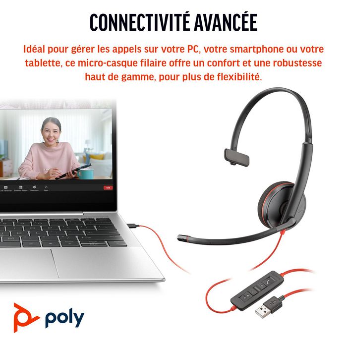 Poly Blackwire 3210 - Micro-casque monaural professionnel avec connecteur USB-C, contrôleurs en ligne et bandeau en métal léger