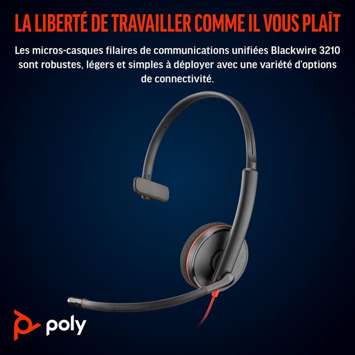 Poly Blackwire 3210 - Micro-casque monaural professionnel avec connecteur USB-C, contrôleurs en ligne et bandeau en métal léger