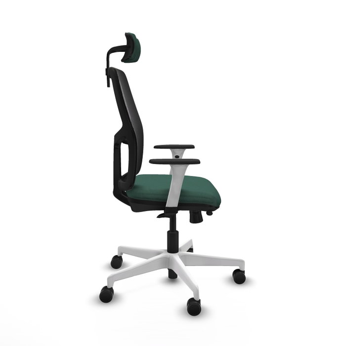 Chaise Alfera Synchrone/Traslack Maille/tissu Vert foncé Maille Noir Structure polyamide blanc Accoudoirs noirs et blancs Appui-tête 2D Roulettes 65mm nylon