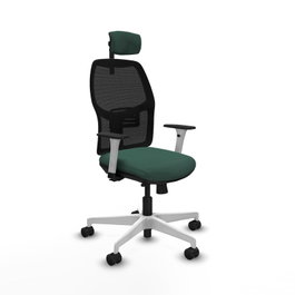 Chaise Alfera Synchrone/Traslack Maille/tissu Vert foncé Maille Noir Structure polyamide blanc Accoudoirs noirs et blancs Appui-tête 2D Roulettes 65mm nylon