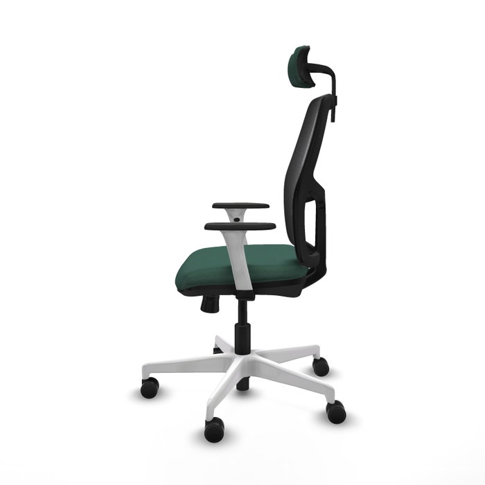 Chaise Alfera Synchrone/Traslack Maille/tissu Vert foncé Maille Noir Structure polyamide blanc Accoudoirs noirs et blancs Appui-tête 2D Roulettes 65mm nylon
