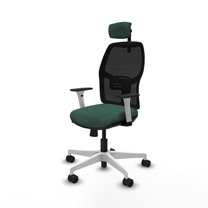 Chaise Alfera Synchrone/Traslack Maille/tissu Vert foncé Maille Noir Structure polyamide blanc Accoudoirs noirs et blancs Appui-tête 2D Roulettes 65mm nylon