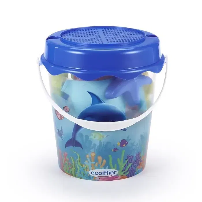 Ecoiffier 513 Jeu de plage seau transparent dauphin 21 cm avec pelle, râteau, arrosoir, tamis, moulin et 8 moules à sable - Jouets plein air Ecoiffier 513 Jeu de plage seau transparent dauphin 21 cm avec pelle, râteau, arrosoir, tamis, moulin et 8 moules à sable - Jouets plein air