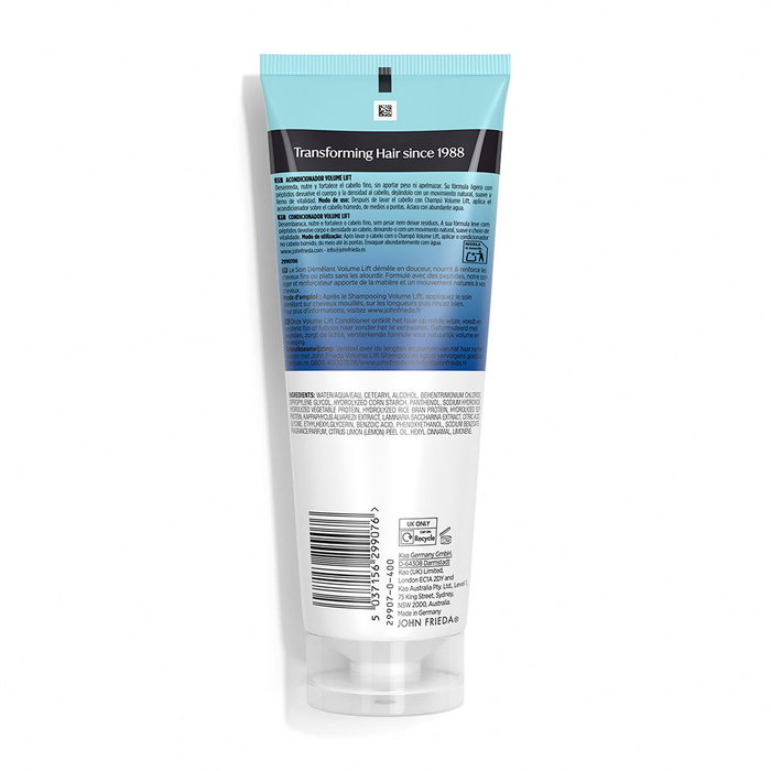John Frieda Soin Après-Shampoing Volume Lift Corps et Volume 250 ml, Pour Cheveux Fins, Testé Dermatologiquement, Formulation Végane et Sans Silicone