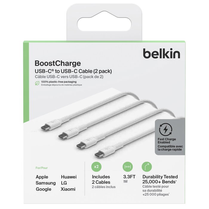 Belkin Pack de 2 câbles BoostCharge USB-C vers USB-C, 1m, Blanc Belkin Pack de 2 câbles BoostCharge USB-C vers USB-C, 1m, Blanc