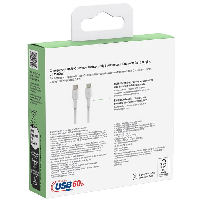 Belkin Pack de 2 câbles BoostCharge USB-C vers USB-C, 1m, Blanc Belkin Pack de 2 câbles BoostCharge USB-C vers USB-C, 1m, Blanc