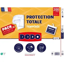DODO - Pack de literie couette 220x240 cm, 2 oreillers 60x60 cm et 2 protège-oreillers - Garnissage 100% polyester 350g/m² - Blanc