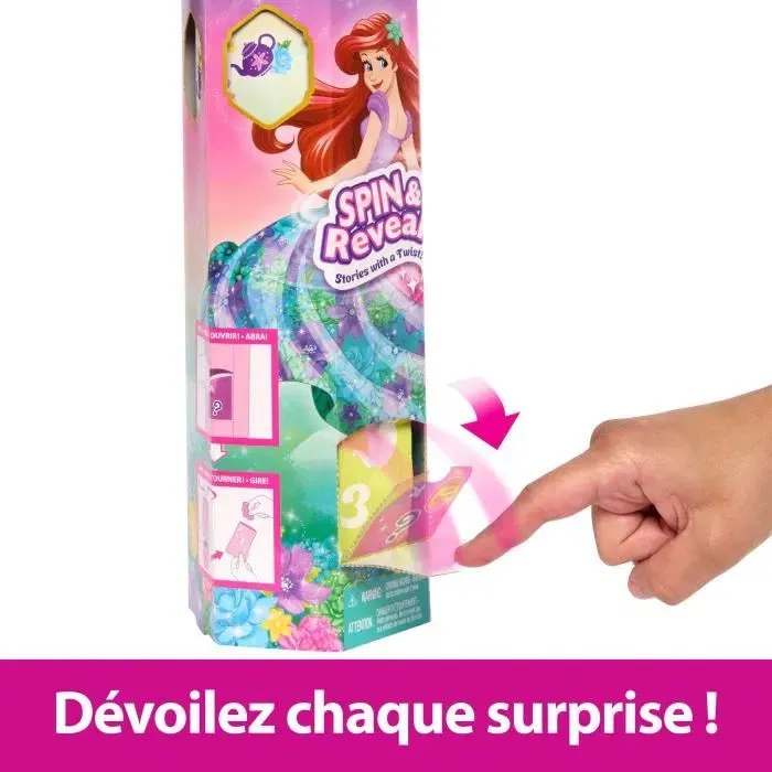 Disney Princess Poupée Spin & Reveal Ariel Mattel - Poupée La Petite Sirène avec 11 Surprises, Jupon Réversible et 5 Accessoires