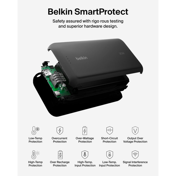 Belkin Batterie externe portable 20000 mAh 30W avec câble USB-C intégré - Noir