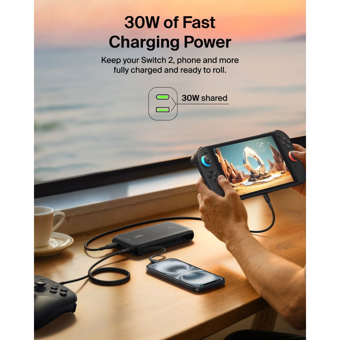 Belkin Batterie externe portable 20000 mAh 30W avec câble USB-C intégré - Noir