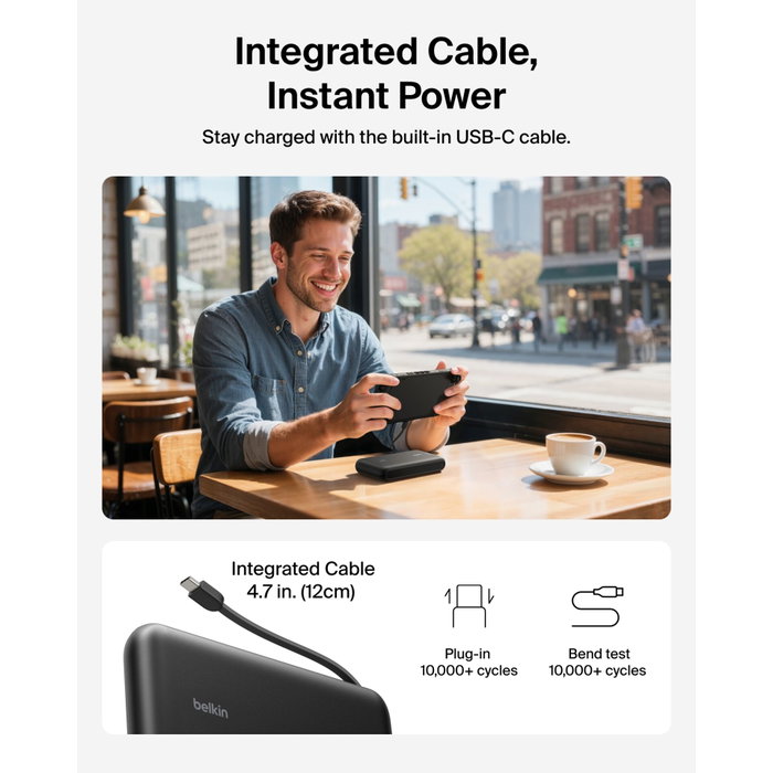 Belkin Batterie externe portable 20000 mAh 30W avec câble USB-C intégré - Noir