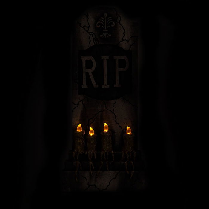 Lapida Decorativa Rip - Pierre tombale décorative Halloween avec lumière LED, 93*42 cm, couleur grise, pour jardin et extérieur