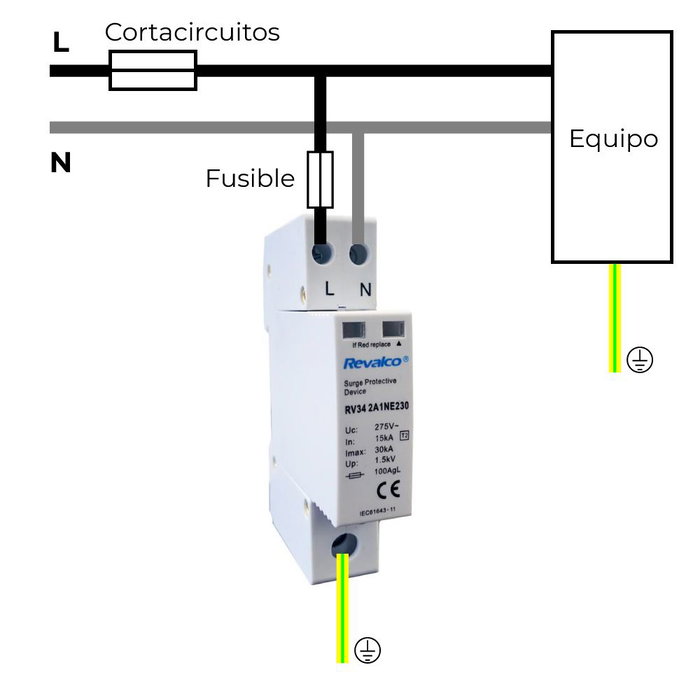 Revalco Protecteur contre les surtensions transitoires 1p+n 30ka 230vac 1 module Revalco Protecteur contre les surtensions transitoires 1p+n 30ka 230vac 1 module