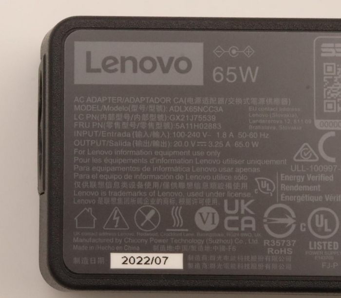 Lenovo Adaptateur Secteur AC 65 W Noir à Broche Ronde 3 P, Charge Rapide, Ultra Portable