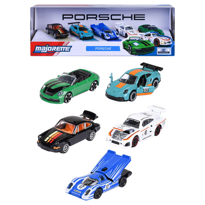 Majorette Coffret Cadeau 5 Véhicules Porsche avec 2 Modèles Exclusifs, Échelle 1/64