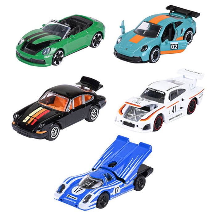 Majorette Coffret Cadeau 5 Véhicules Porsche avec 2 Modèles Exclusifs, Échelle 1/64