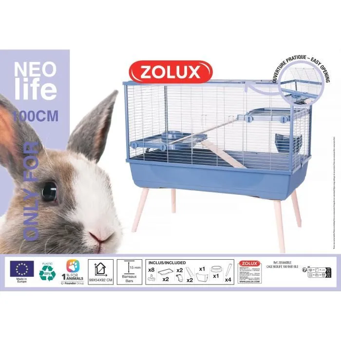 Zolux Cage pour Lapin et Rongeur NeoLife 2 Étages 99 x 54 x 92 cm avec Bac Amovible, Échelles et Râtelier en Bois - Bleu