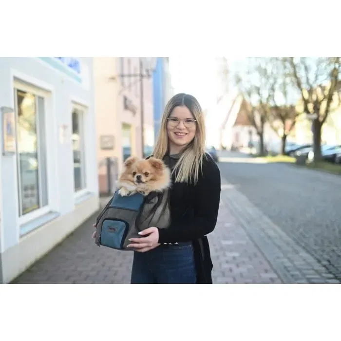 Kerbl Vacation Sac de transport avant pour chien et chat, tissu Oxford lavable, gris/bleu, dimensions 31x24x38 cm, fond en peluche et aération par maille