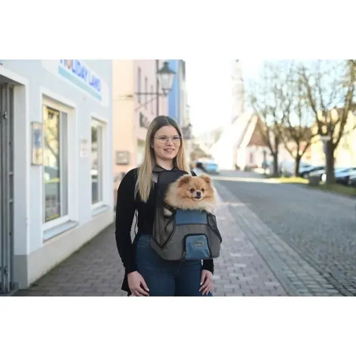 Kerbl Vacation Sac de transport avant pour chien et chat, tissu Oxford lavable, gris/bleu, dimensions 31x24x38 cm, fond en peluche et aération par maille