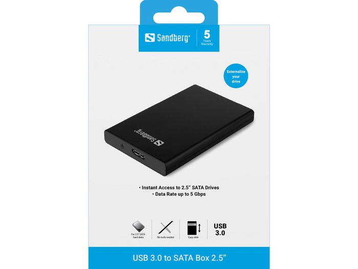 Sandberg USB 3.0 to SATA Box 2.5'' - Boîtier Externe pour Disque Dur SATA et SSD 2.5 pouces