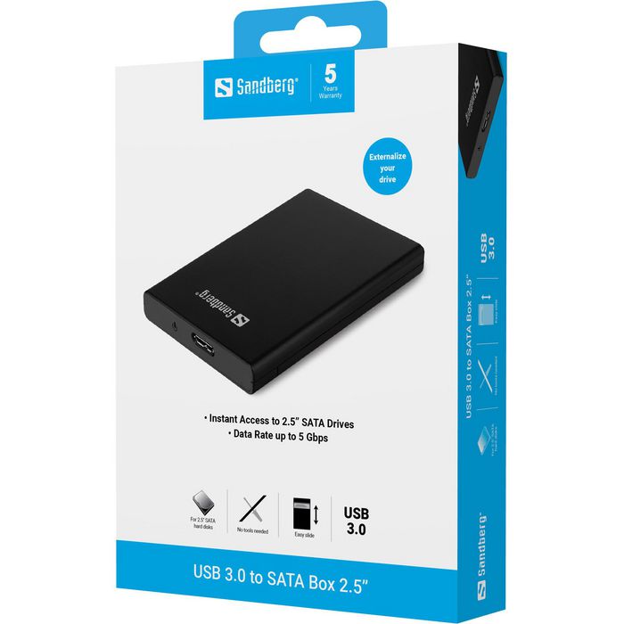 Sandberg USB 3.0 to SATA Box 2.5'' - Boîtier Externe pour Disque Dur SATA et SSD 2.5 pouces