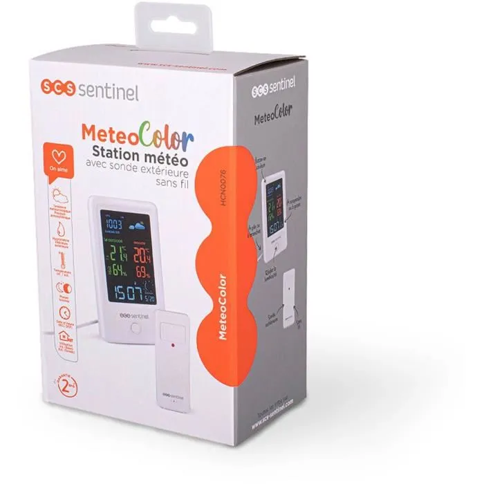 SCS SENTINEL - Station météo sans fil MeteoColor HCN0076 avec sonde extérieure - Portée 60 m - Affichage couleur - Blanc