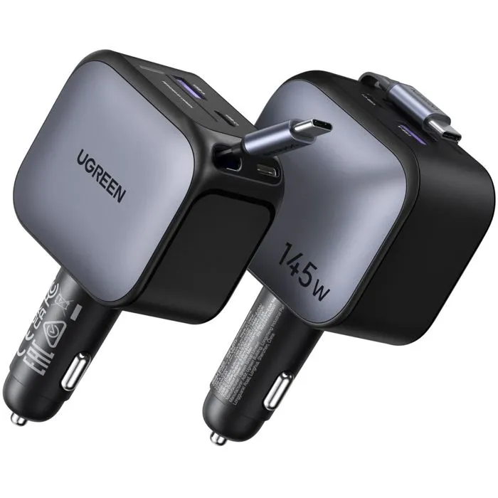 UGREEN Chargeur Allume-Cigare 145W avec Câble USB-C Rétractable - Recharge Rapide pour Smartphone, Tablette et PC Portable USB-C PD