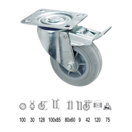 WOLFPACK LINEA PROFESIONAL Roue industrielle en caoutchouc gris avec frein 100 mm