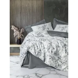 Parure de lit en satin de coton 100%, housse de couette 220 x 240 cm + 2 taies d'oreiller 60 x 60 cm, gris, 210 fils