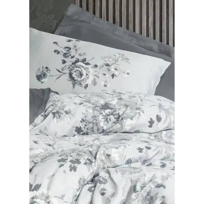 Parure de lit en satin de coton 100%, housse de couette 220 x 240 cm + 2 taies d'oreiller 60 x 60 cm, gris, 210 fils