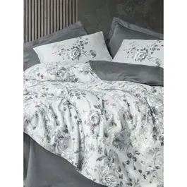 Parure de lit en satin de coton 100%, housse de couette 220 x 240 cm + 2 taies d'oreiller 60 x 60 cm, gris, 210 fils