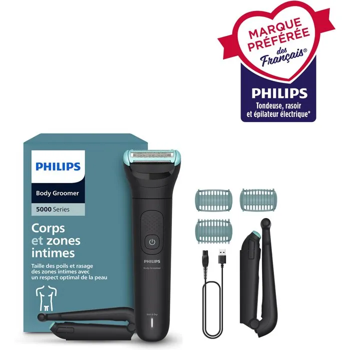 Philips BG5475/15 Series 5000 Tondeuse corps pour homme avec 3 hauteurs de coupe, sabots bidirectionnels, 100 min d'autonomie et étanche