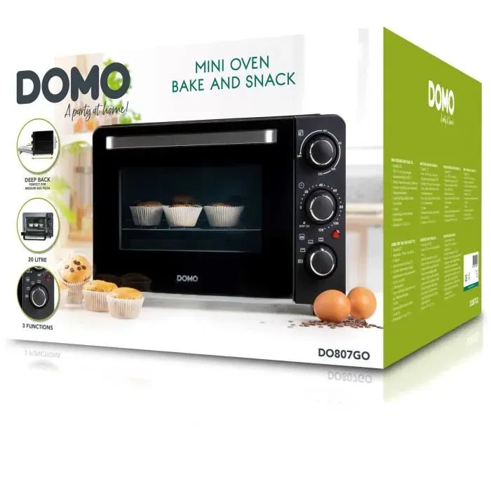 Domo DO807GO Mini four électrique 20 L Noir - Chaleur haut et bas, minuterie 120 min, 1300W, température jusqu'à 230°C